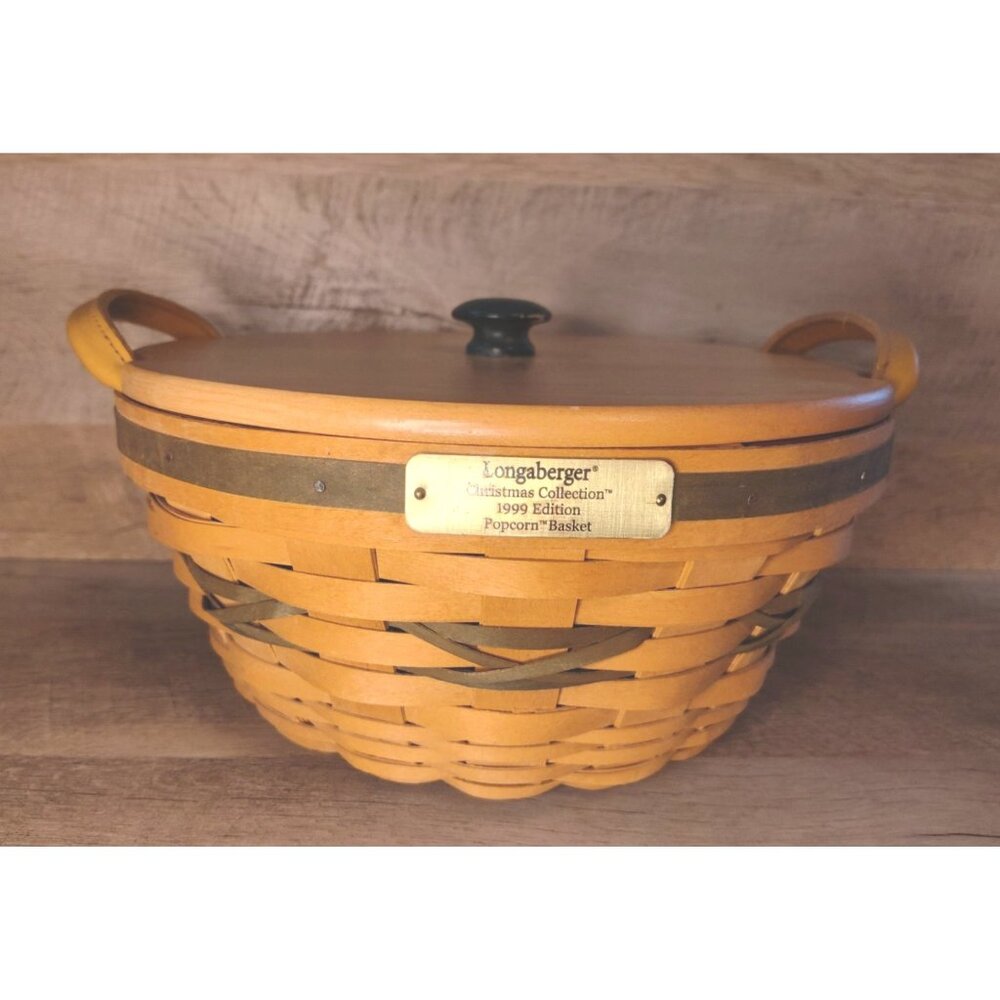 Longaberger Vintage Christmas Collection 1999 Edition Popcorn Basket W/ Lid & Ha